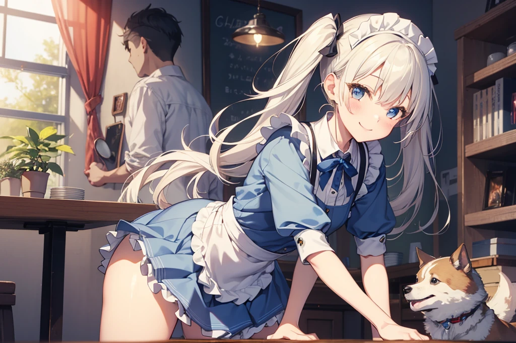 nswf,(Tabletop, Highest quality:1.2), Cowboy Shot, alone, One Girl, Kaho Hyuga, smile, View your viewers, Holding Tray, Twin tails, Head scarf, Maid, Frills, Blue Shirt, Waist apron, puffy short sleeve, Blue Skirt, Thighs Thighs Thighs Thighs, White glow, One Girl, Sex, On the bed, throw, , Mission Grab, Missionaries, Tabletop, Highest quality,Mission Grab,Doggie Grab,kawashiro nitori２０Old Man、hetero、intercourse with a man、doggystyle 、clothed sex,,A man grabs a woman&#39;s buttocks from behind、For men, only the body is drawn