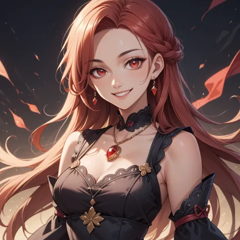 1girl, by kayahara, smile, long hair, dark dress, upper body,  red pendant 