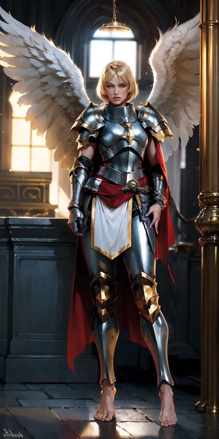 niedriger Winkel von unten, ganzer Körper, Zehen bis Kopf im Rahmen, Paladin Templer Dame im weißen Wappenrock, legwear, leuchtend gelbe Augen, Kragen, golden chainmail, Breite Hüften, barfuß zusammen, angel wings, Schulterstücke, Heiligenschein, Silber Platin Bob Schnitt, blonde, Augenfokus, roter Umhang, Tempel im Innenbereich, ausführlich, filmisch, Fantasie