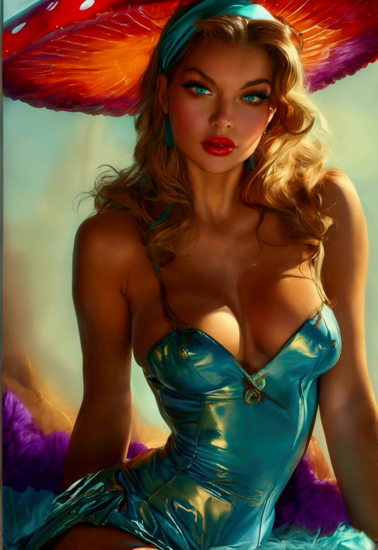 (((ultra realistic))) Photo, masterpiece, top quality, (pale skin), (Ultra detailed face and eyes:1.3), 1 girl, Adult, A Gil Elvgren pin-up style painting of a beautiful blonde woman with big messy hair, with a thin red hairband, (in a seductive Teal and Amber Sheath dress), cleavage, white stockings, in a provocative pose, sitting on a giant glowing mushroom, vibrant and colorful,(Natural breasts). ((Posing)), photoshoot, (Soft Lighting), (The play of light and shadows), depth of field, bokeh, (special attention to skin detail: 1.2), Detailed leather texture, detailed skin pores. (Erotic atmosphere of the frame. Color range - Teal, ox blood red, lime green and Grape purple tones), UDR, ((Film grain)), ((rays)), (Glare), ((full body portrait)) , ultra detailed. 