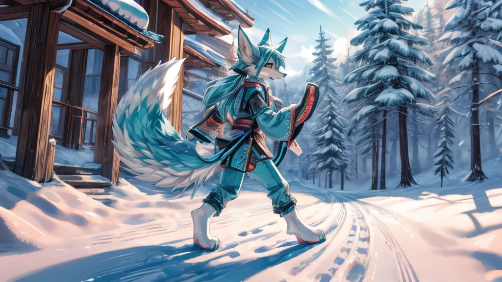 The best quality, Japanese adolescent hatsune miku x kitsune , fox face elongated snout add-detail, Surprise face, sweaty body, heated add_detail,, kitsune warrior in the snow add_detail:1, barefoot add_detail:1 mistycal aura