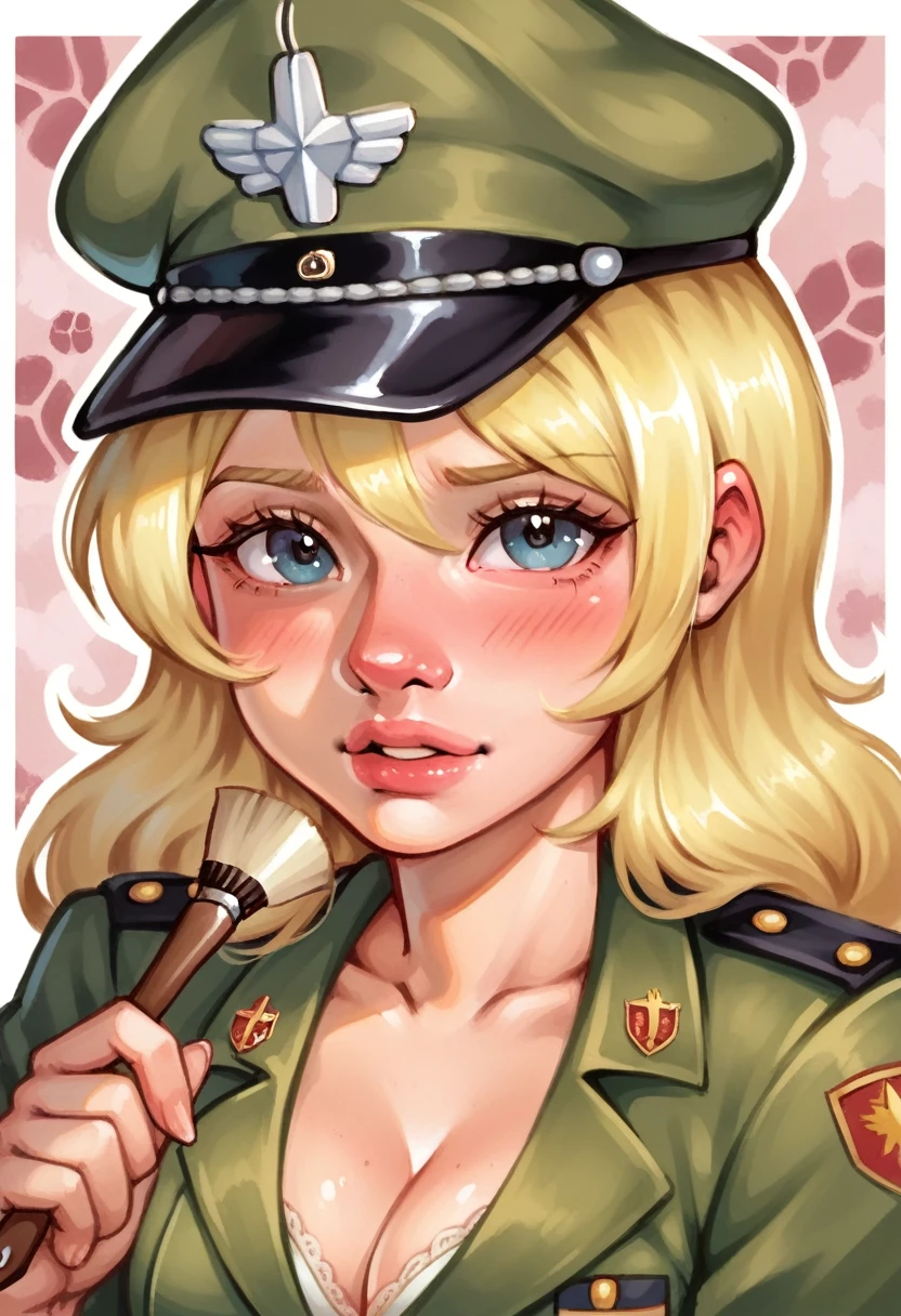 smudgy, traditional art, liu2, brush texture, score_9, score_8_up, score_7_up, score_6_up, score_5_up, score_4_up, BREAK 1girl, solo, portrait, cute girl blushing, pretty, fair, blonde hair, wearing military suit, cleavage, looking at viewer, detailed background, (masterpiece, high quality:1),