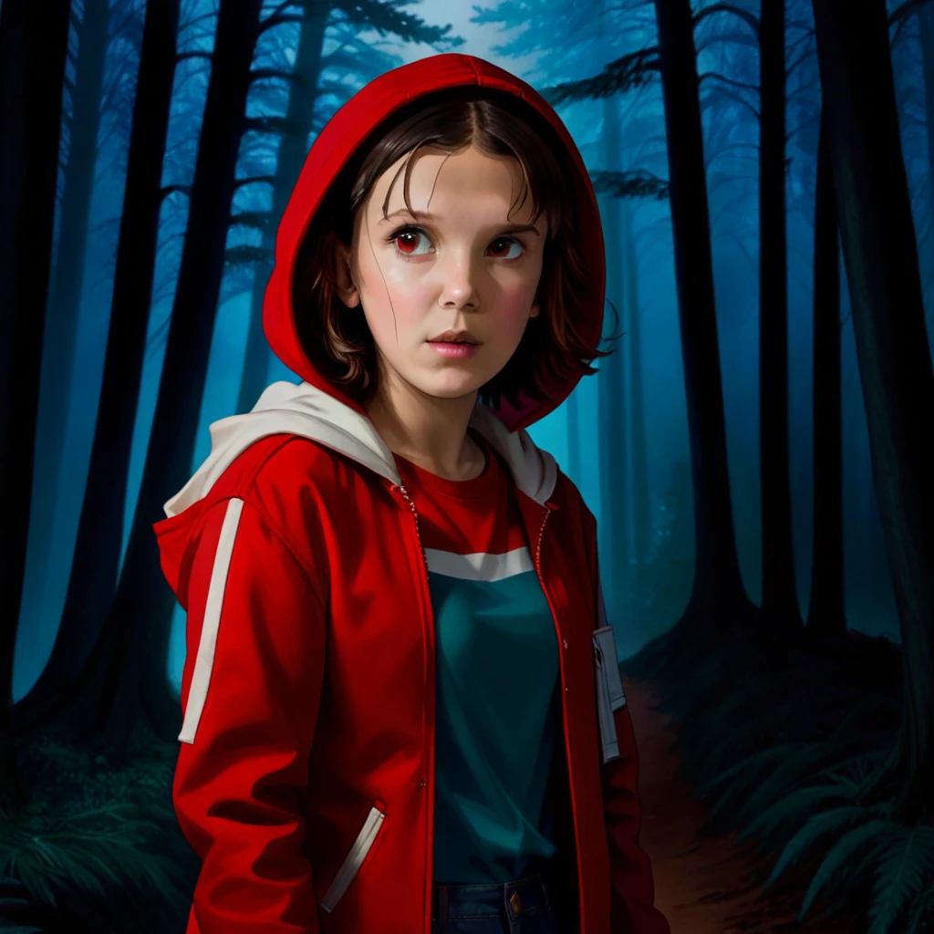 milli3 femme, millie bobby brun, 1 fille portant une veste rouge et une capuche rouge, Netflix, des choses étranges, Onze, dans une forêt sombre, vue de face