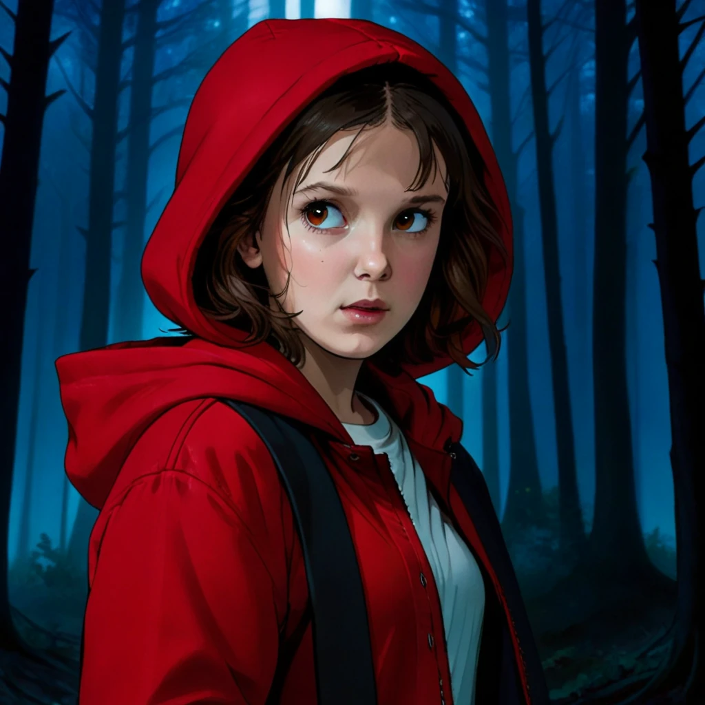 milli3 femme, millie bobby brun, 1 fille portant une veste rouge et une capuche rouge, Netflix, des choses étranges, Onze, dans une forêt sombre, vue de face