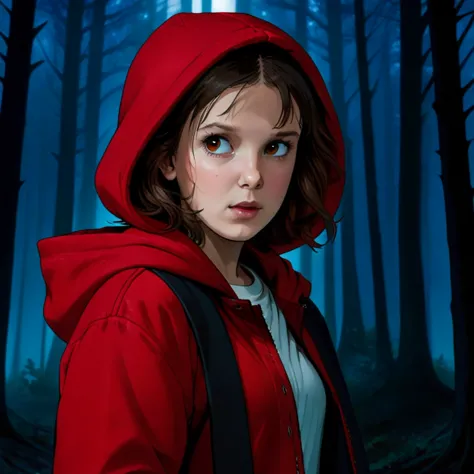 milli3 woman, millie bobby brown, 1 girl wearing a red jacket and a red hood, netflix, stranger things, eleven, in a dark forest...