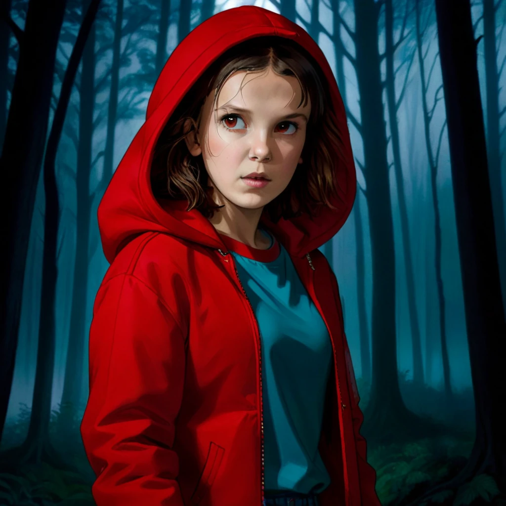 milli3 femme, millie bobby brun, 1 fille portant une veste rouge et une capuche rouge, Netflix, des choses étranges, Onze, dans une forêt sombre, vue de face