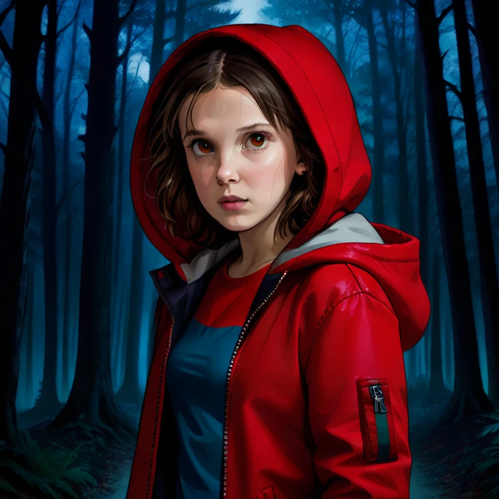 milli3 femme, millie bobby brun, 1 fille portant une veste rouge et une capuche rouge, Netflix, des choses étranges, Onze, dans une forêt sombre, vue de face