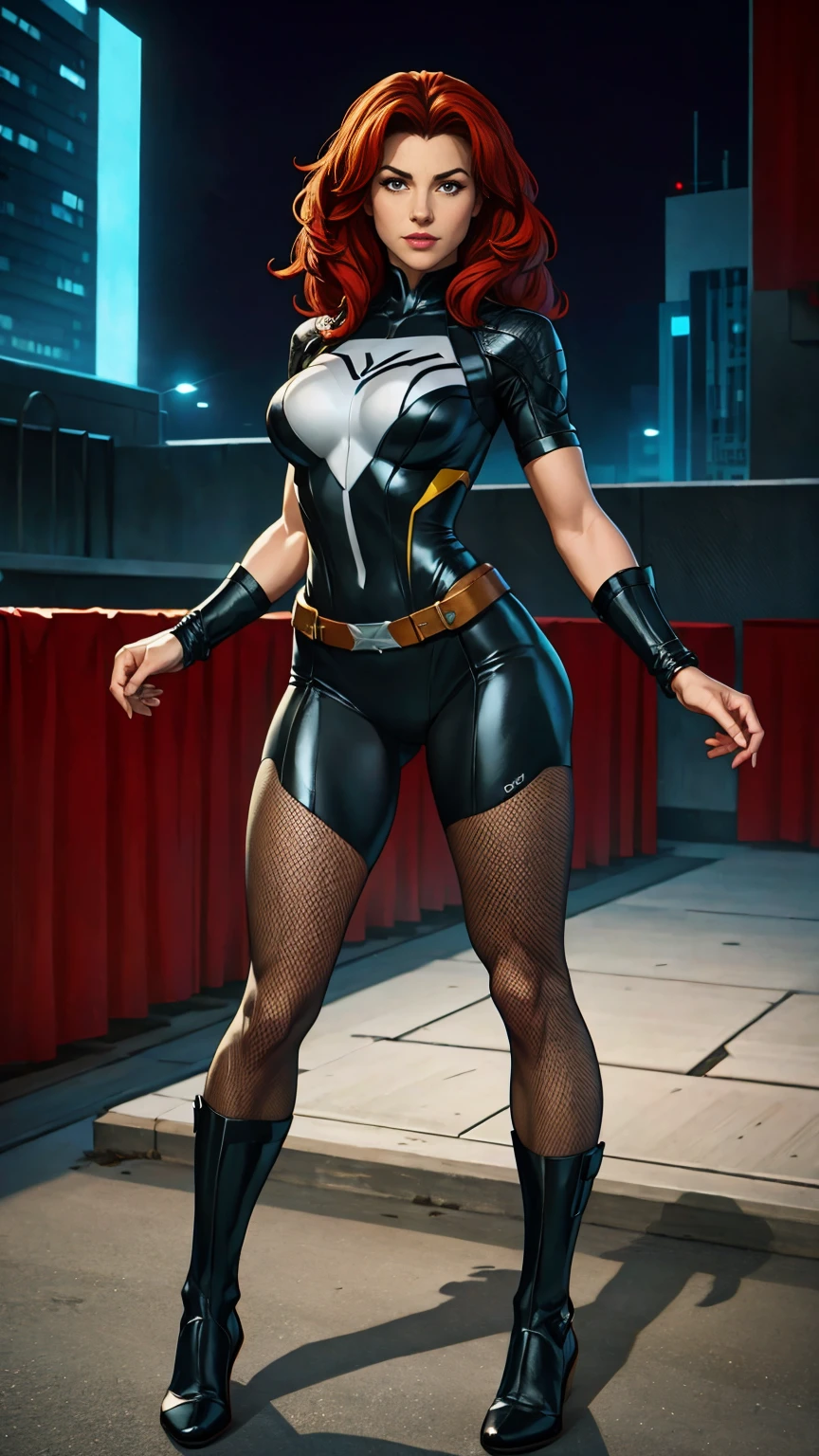 ((Full body photo, standing, feet on the ground)) (best quality, 4k, 8k, high resolution, masterpiece: 1,2), ultra-detailed, fishnet tights, (realistic, photorealistic, photorealistic: 1, 37), full body photo, Rogue, X-Men, yellow high boots, beauty pose, standing, show feet, outside, city roof at night, black and white uniform
