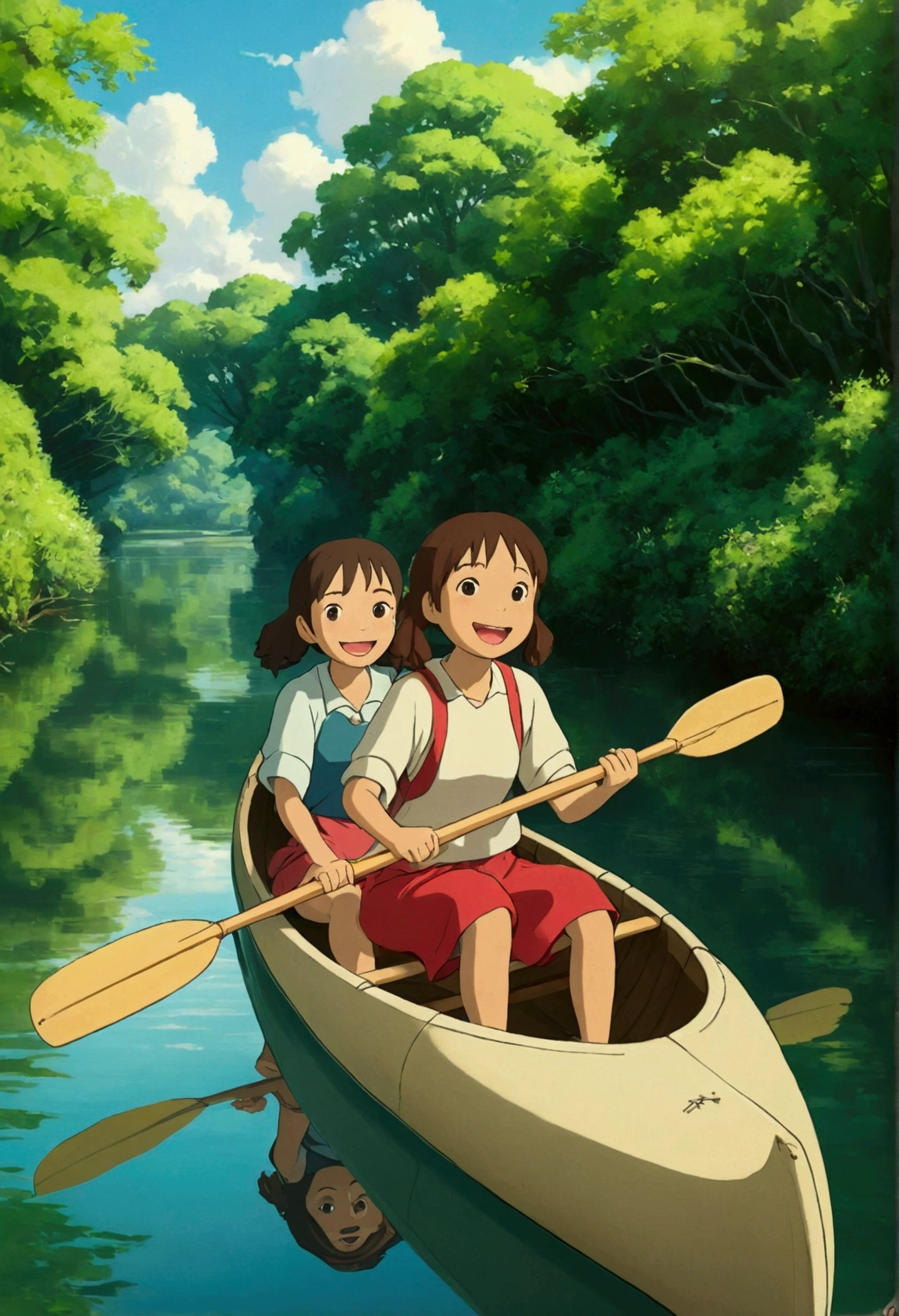 Ghibli　river　Canoe ride　girl　Two people　smile