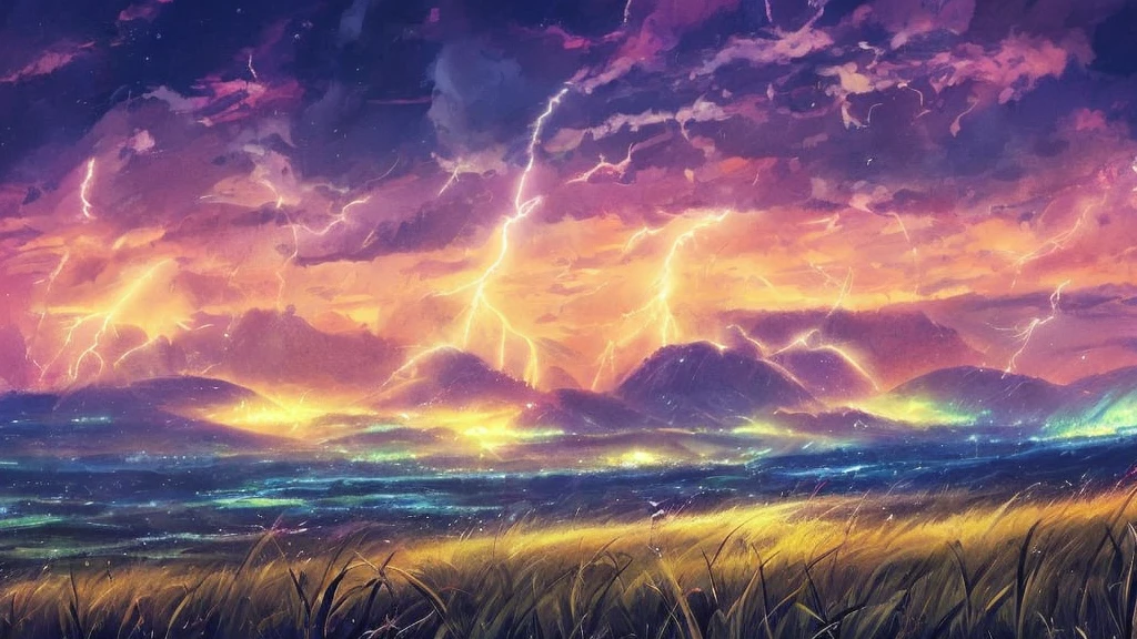 anime background, concept art, landscape, grassfield on thunderbolt storm, thunders destroying a grassfield, landscape being destroyed by thunders all over the sky