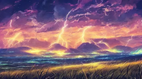 anime background, concept art, landscape, grassfield on thunderbolt storm, thunders destroying a grassfield, landscape being des...