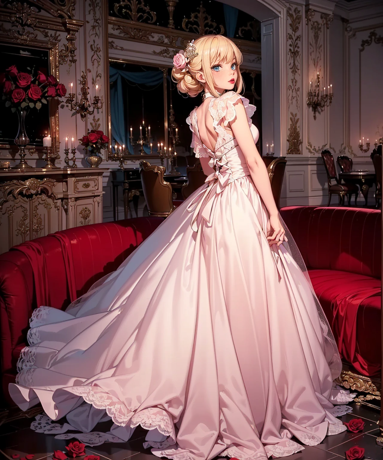 ((1woman, (solo, 1girl, alone), kohaku, blonde hair, blue eyes, tied hair)), smug, ((solo, (1woman, pink lipstick), Extremely detailed, ambient soft lighting, 4k, perfect eyes, a perfect face, perfect lighting, a 1girl)), austere, ((luxury dress, long dress, princess dress, wedding dress, puffy dress, babadi dress, lace dress, ballroom, hall of fame, roses))