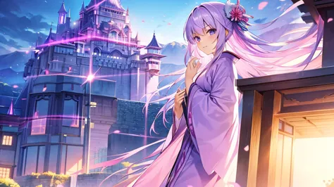 woman　clear　Light purple hair　　kimono　　Anime Style　　Western Castle
