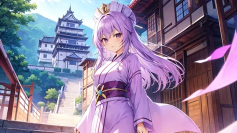 woman　clear　Light purple hair　　kimono　　Anime Style　　Western Castle
