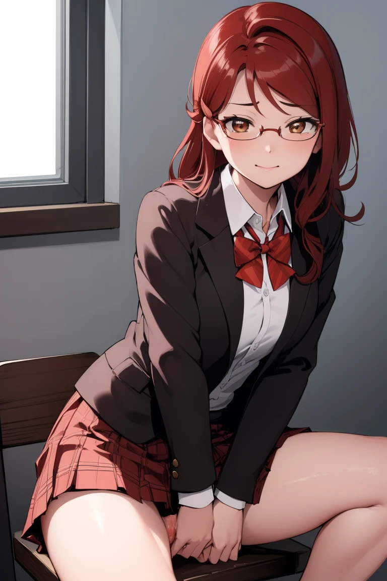 Rikosakurauchi, Riko Sakurauchi, (Brown eyes:1.5), hair between the eyes, by the wide, (Red hair:1.5), (Little mom:1.2), 
BREAK glasses, high advanced breeding , jacket de sport, red jacket de sport, bow, bowtie, collar shirt, jacket, long sleeves, pleated skirt, (((lifting her skirt, mostrando el Pussy, no panties))),  (((Pussy))), sad smile rest looking at viewer, sitting,(from below:1.2), (Leaning forward:1.2), ((open legs: 1.4))
break inside, classroom, 
BREAK (masterpiece:1.2), Best Quality, High resolution, unity wallpaper 8k, NSFW,(illustration:0.8), (beautiful detailed eyes:1.6), extremely detailed face, perfect lighting, Extremely detailed CG, (perfect hands, perfect anatomy),