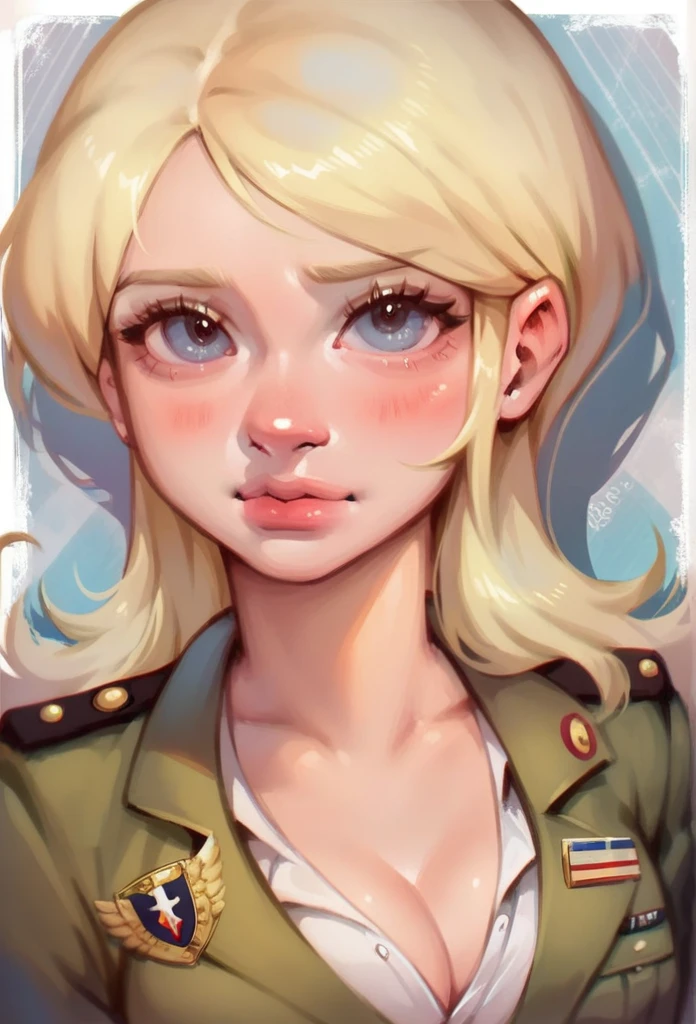 1girl, solo, portrait, cute girl blushing, pretty, fair, blonde hair, wearing military suit, cleavage, looking at viewer, detailed background, (masterpiece, high quality:1),