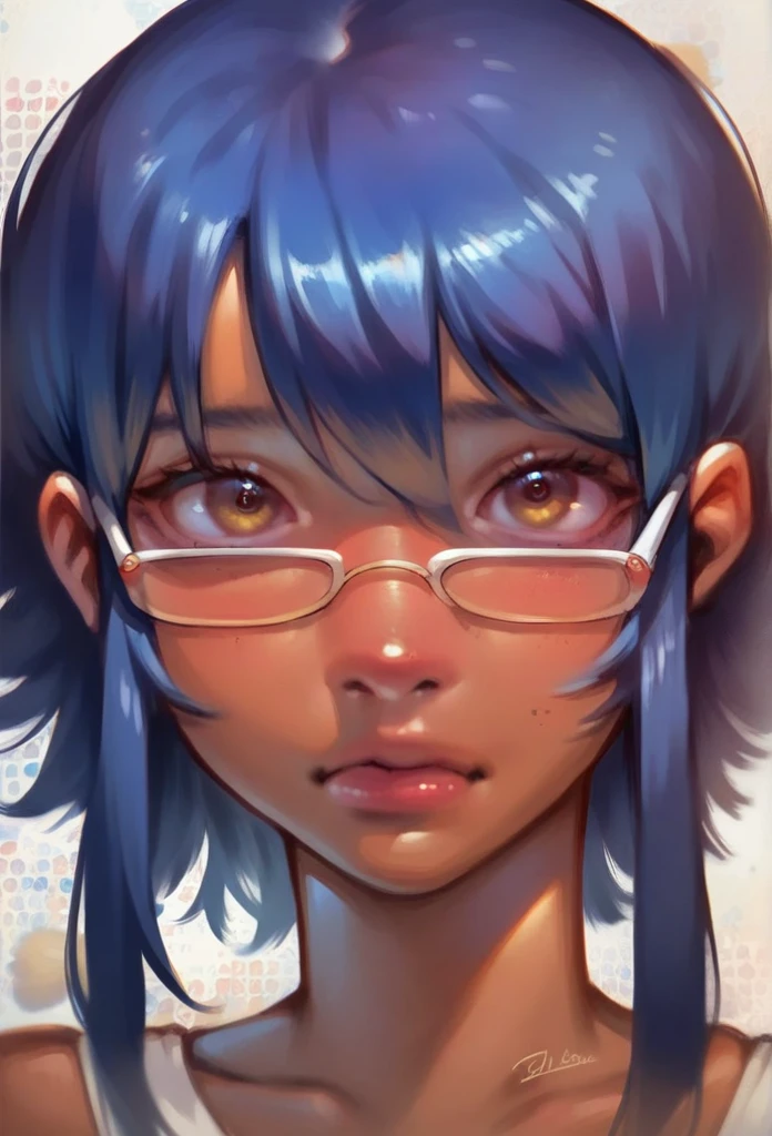 1girl, Anime girl with blue hair and bangs with glasses with beautiful tanned skin looking at the camera anime girl, pale skin, detailed background, detailed face shot (masterpiece, high quality:1),