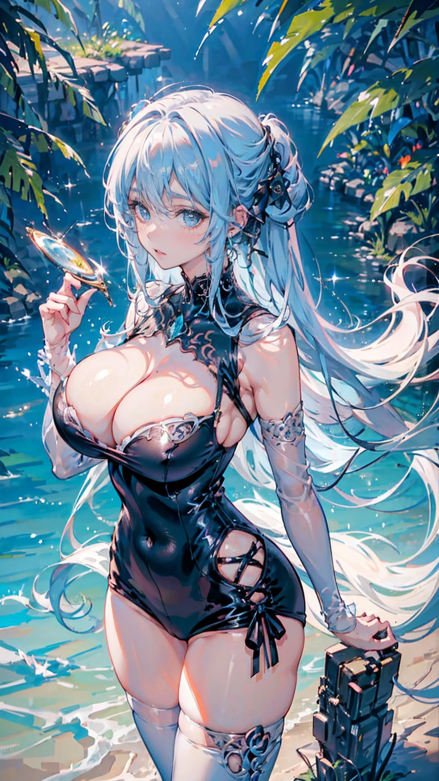 Anime Kawaii sexy Perfect Slim sensual body large breast and huge thighs, An intricate and highly detailed illustration of anime (Young girl). best qualityer, high resolution, Description 8 km CG, Masterpiece artwork, amazing art, fine-details, High level of detail, details Intricate, long  white hair, pretty girl,, Big watery eyes with stars in them, Pure lust, cara maligna, Young and beautiful, immortal，spatter ,,light and shadows, optical，pretty clothing，lake，cyber punk, mecha girl, mechanical body