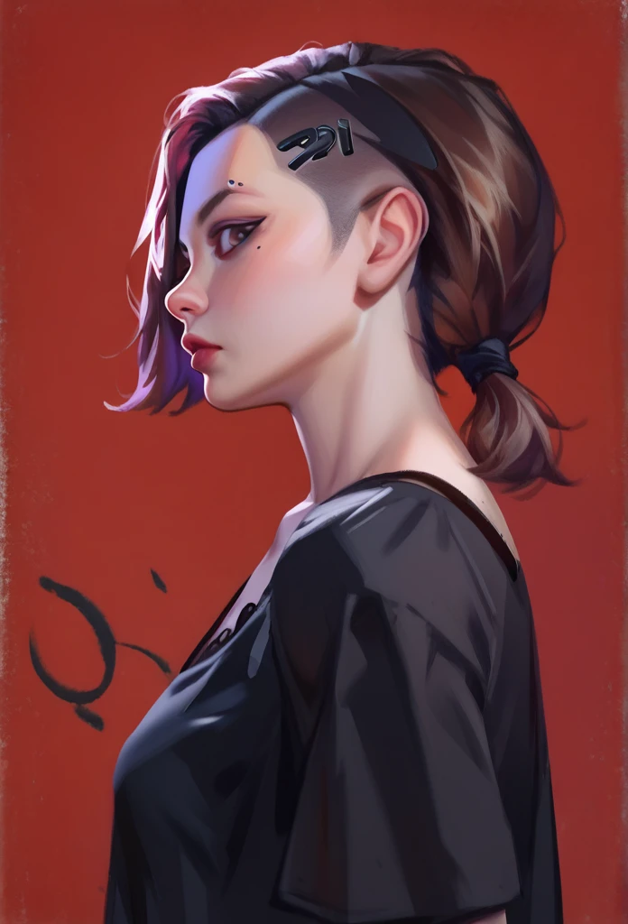 smudgy, traditional art, liu2, brush texture, score_9, score_8_up, score_7_up, score_6_up, score_5_up, score_4_up, BREAK 1girl, extreme short hair, black silk nightgown, dark Brown eyes, looking foward, side view, perfil, short undercut low ponytail hairstyle, pale skin, detailed background, detailed face shot (masterpiece, high quality:1),