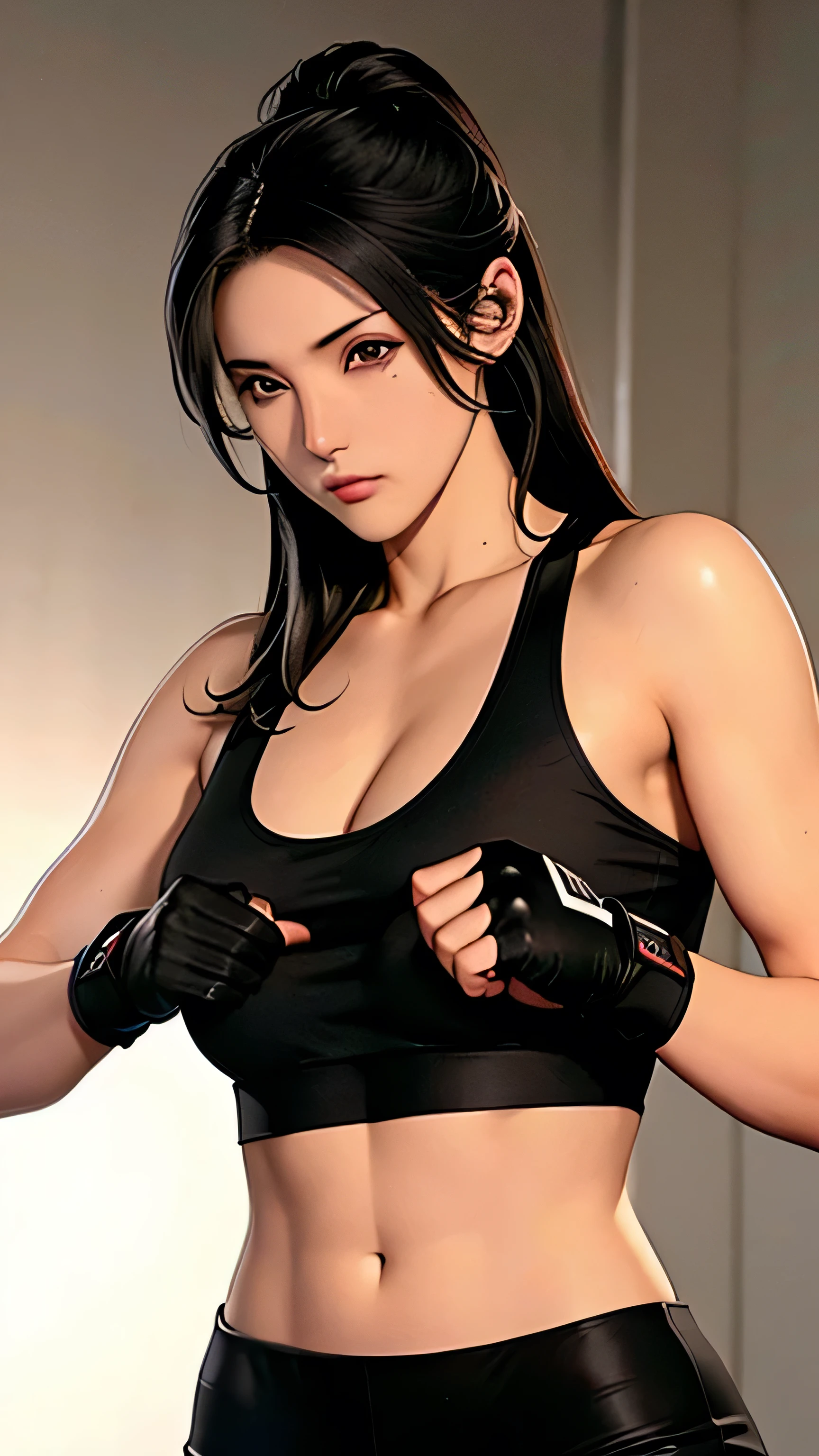  Intricate details, Very detailed, Mobius style, 1 girl, 20 years old, long black hair, handsome face, boxing gloves, sports bra, muscular,boxing stance, long black pants, looking at viewer