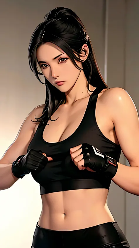  Intricate details, Very detailed, Mobius style, 1 girl, 20 years old, long black hair, handsome face, boxing gloves, sports bra...