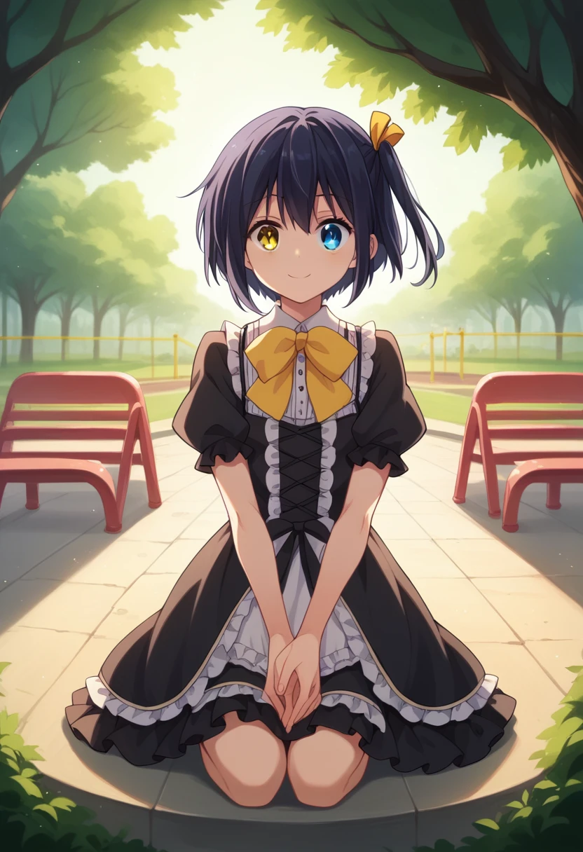 1girl, takanashi rikka, short hair, one side up, black hair, green right eye, heterochromia, yellow left eye,yellow hair ribbon, yellow and black lolita dress, yellow bowtie, frills, kneeling, (Cowboy Shot:1. 5) , BREAK (masterpiece:1.2), Highest quality, High resolution, unity 8k wallpaper, (shape:0.8), (Beautiful and beautiful eyes:1.6), Highly detailed face, Perfect lighting, Extremely detailed CG, (Perfect hands, Perfect Anatomy),dynamic pose, >_<, smile, playground background, outdoors