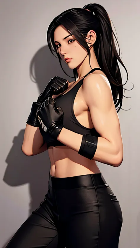  Intricate details, Very detailed, Mobius style, 1 girl, 20 years old, long black hair, handsome face, boxing gloves, sports bra...