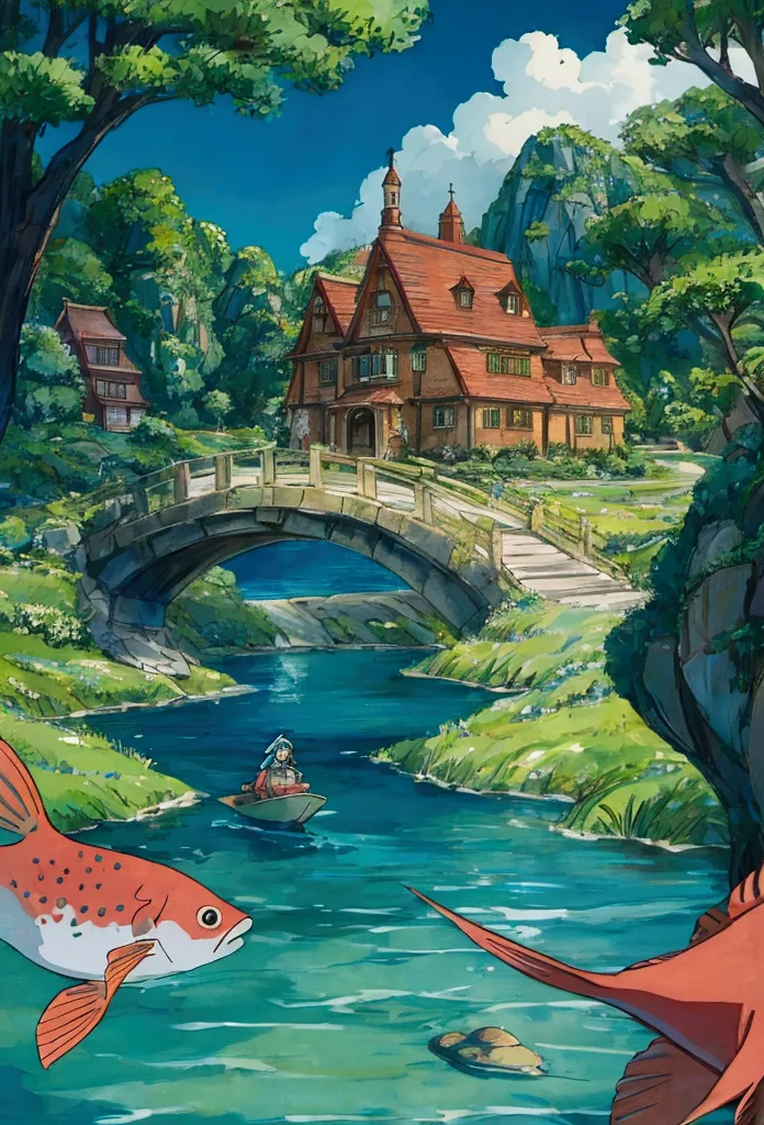 ghibli　in the water　girl riding on a fish surrounded by fish