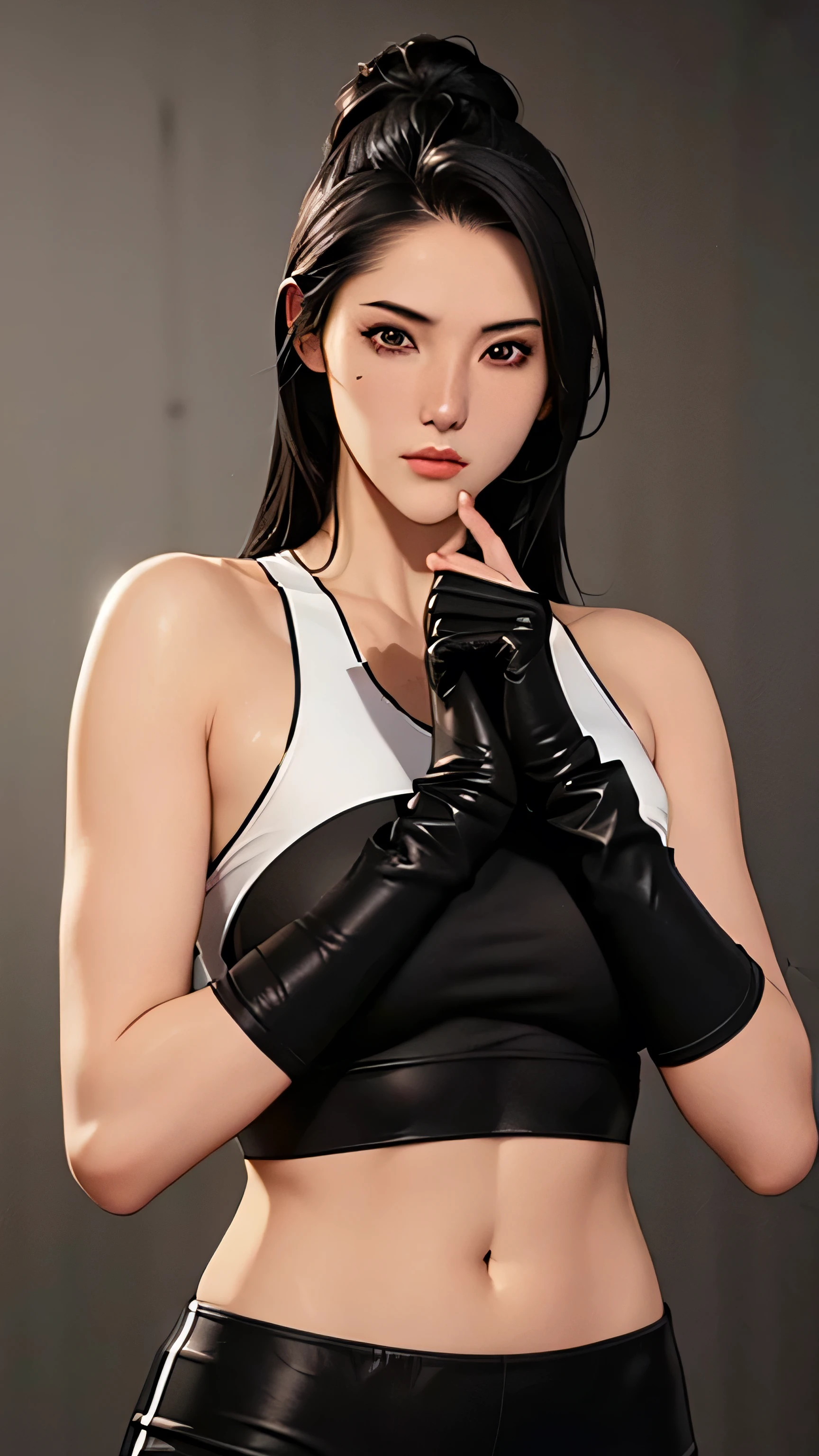  Intricate details, Very detailed, Mobius style, 1 girl, 20 years old, long black hair, handsome face, boxing gloves, sports bra, toned, boxing stance, long black pants, looking at viewer