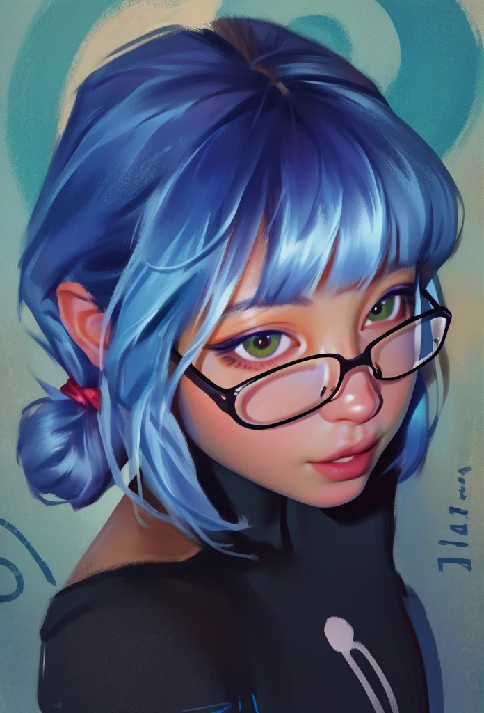 smudgy, traditional art, liu2, brush texture, score_9, score_8_up, score_7_up, score_6_up, score_5_up, score_4_up, BREAK 1girl, girl with blue hair and bangs with glasses with beautiful tanned skin looking at the camera girl, black skin, detailed background, detailed face shot (masterpiece, high quality:1),