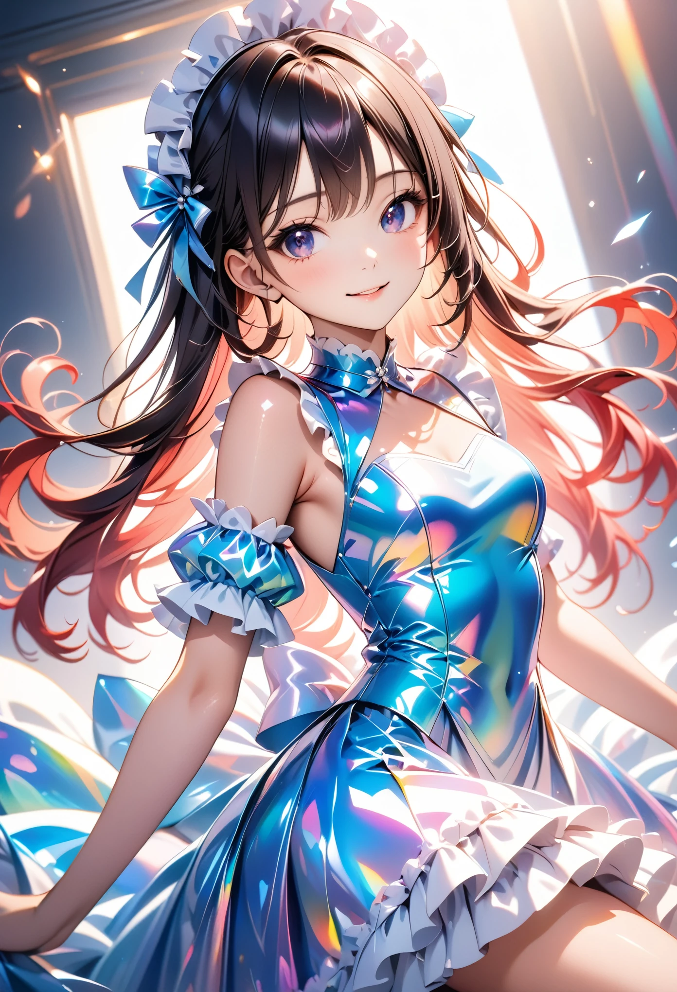 (high quality,masterpiece,4K,8k,16K),pretty girl,bust,Mid-chest,Lolita Dress,Smooth Skin,Silky Hair,Vibrant colors,Dreamy lighting,Shiny Gurdon,Subtle details,Strong gaze,Smile your face,Porcelain-like skin,Graceful pose,Friendly atmosphere,Pure innocence,Natural Beauty,Sublime aesthetics, ai-generated, (shiny and lustrous costumes), dutch angle, holographic fabric,
