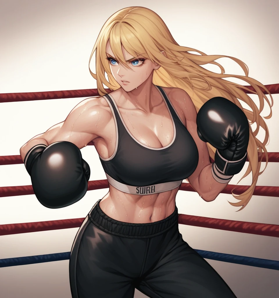 score_9, score_8_up, score_7_up, score_6_up, Detailed Background, BREAK
 Samusaran,1girl, long hair, sports bra,long black pants,boxing stance, sweating,blonde hair, blue eyes, BREAK
Boxing ring, boxing gloves