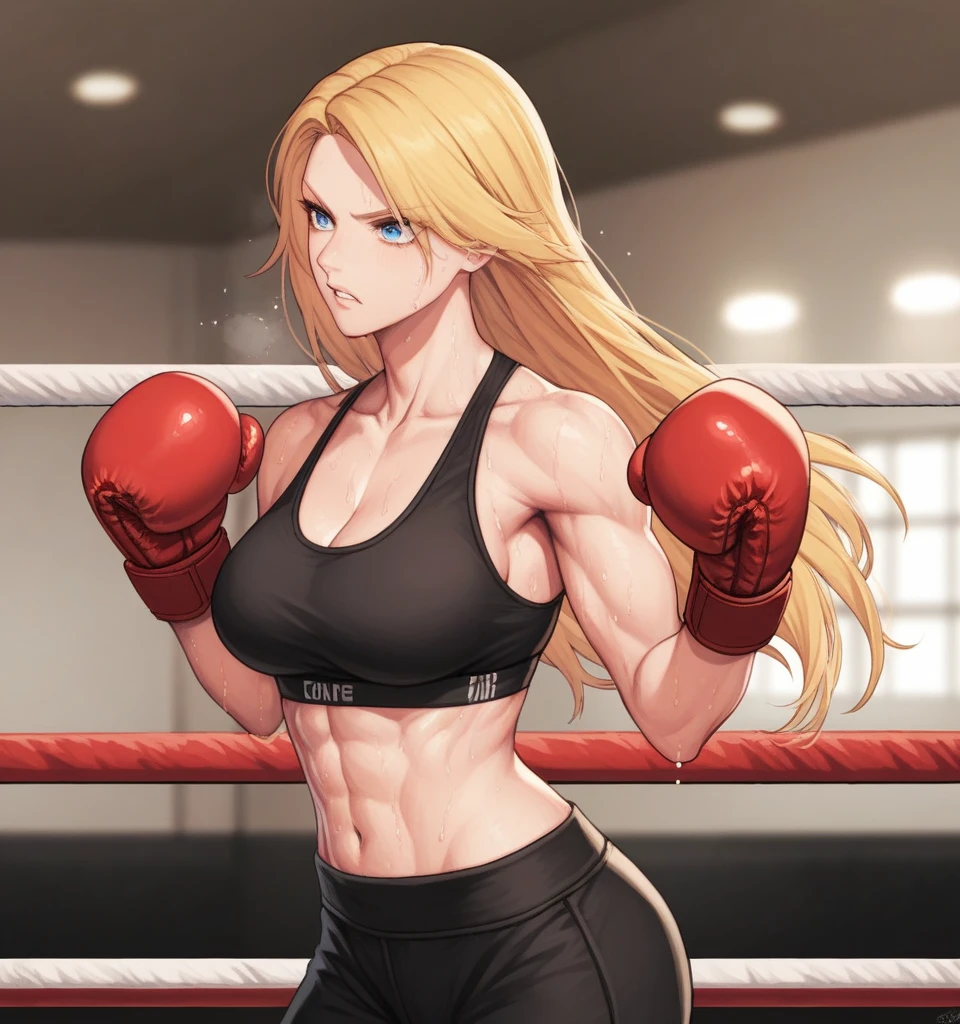 score_9, score_8_up, score_7_up, score_6_up, Detailed Background, BREAK
 Samusaran,1girl, long hair, sports bra,long black pants,boxing stance, sweating,blonde hair, blue eyes, BREAK
Boxing ring, boxing gloves