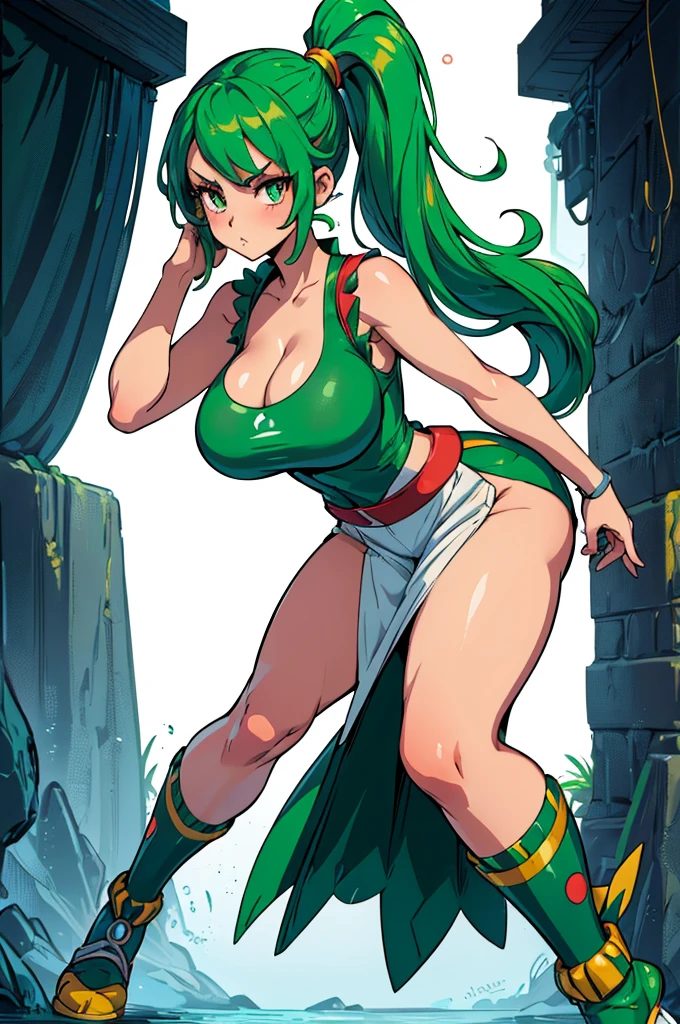 (masterpiece, best quality, high resolution, (pokemon style) ((huge breasts)) 1 girl, green hair tied in a side ponytail, very sexy pokemon trainer clothes, serious ((white background,)), ((of full length foot)),
