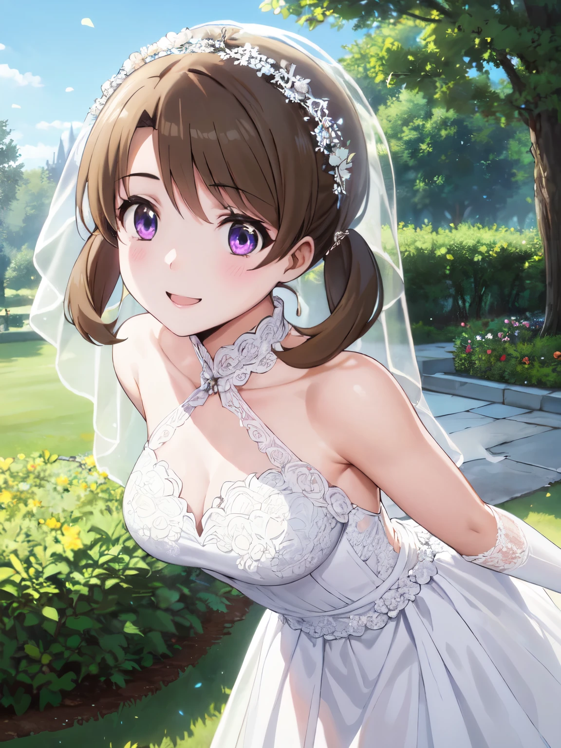 Highest quality、High resolution、whole body、One Girl、Honoka Mitsui、 Brown Hair、Twin tails、Beautiful attractive blue eyes、Highly detailed face、smile、Closed Mouth、smile,garden,Private Server, Wedding dress、shawl、Absolute reference to the center、Short wedding veil,（transparent short veil：1.5），Leaning forward、（チューブトップWedding dress:1.6），（Silk dress:1.5）,（ストラップレスのWedding dress：1.5）,（Lace gloves：1.3）、4Ｋ，8Ｋ,(Genuine、Genuine志向、写真Genuine志向）、High resolution、超High resolution、超High resolutionの絵画、Cowboy Shot、