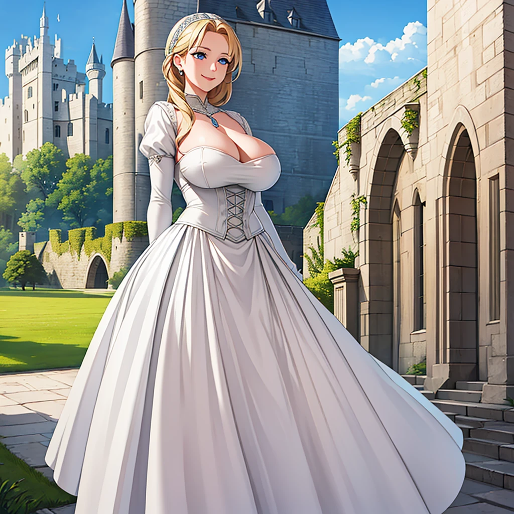 A woman wearing a white dress with silver details on the dress, blonde hair, blue eyes, in a tower of a sophisticated medieval castle, open tower overlooking a large open field and a sea in the distance, smiling, big breasts,, HDR , ultra resolution, very detailed, masterpiece, HD 8K, (solo, just one girl)
