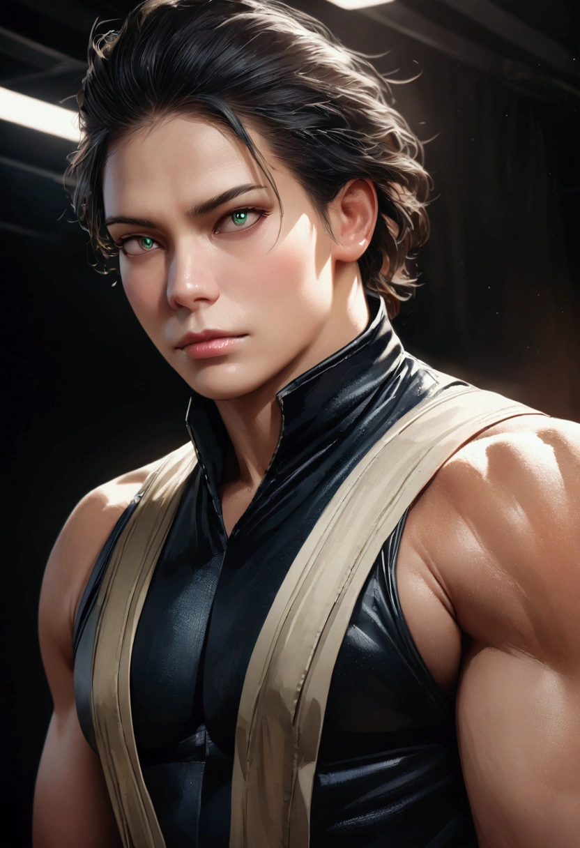 A 17 year old teenager,slightly disheveled very black hair,somewhat light green eyes,muscular body,sexy face,anime male uniform "my hero academia",highres,best quality,4k,8k,ultra-detailed,realistic,photorealistic,photo-realistic:1.37,masterpiece:1.2,extremely detailed eyes and face,longeyelashes,studio lighting,vivid colors,professional