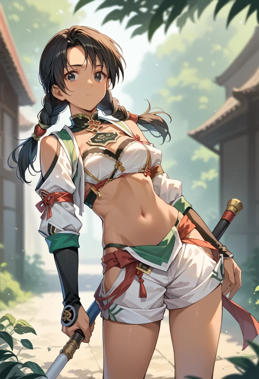 score_9,score_8_up,score_7_up,source_anime,cowboy shot,Idealized Forms,Natural Light,details background,blurry background,extremely detailed 1girl,(aga),1girl, talim, black hair, twintails, braid, dark skin, navel, midriff,nude