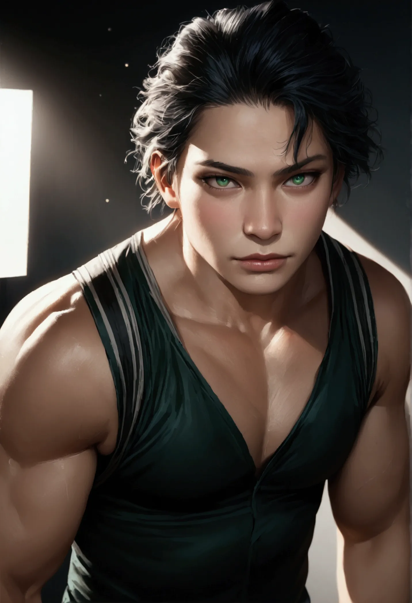 a 17 year old teenager,slightly disheveled very black hair,somewhat light green eyes,muscular body,sexy face,anime male uniform ...