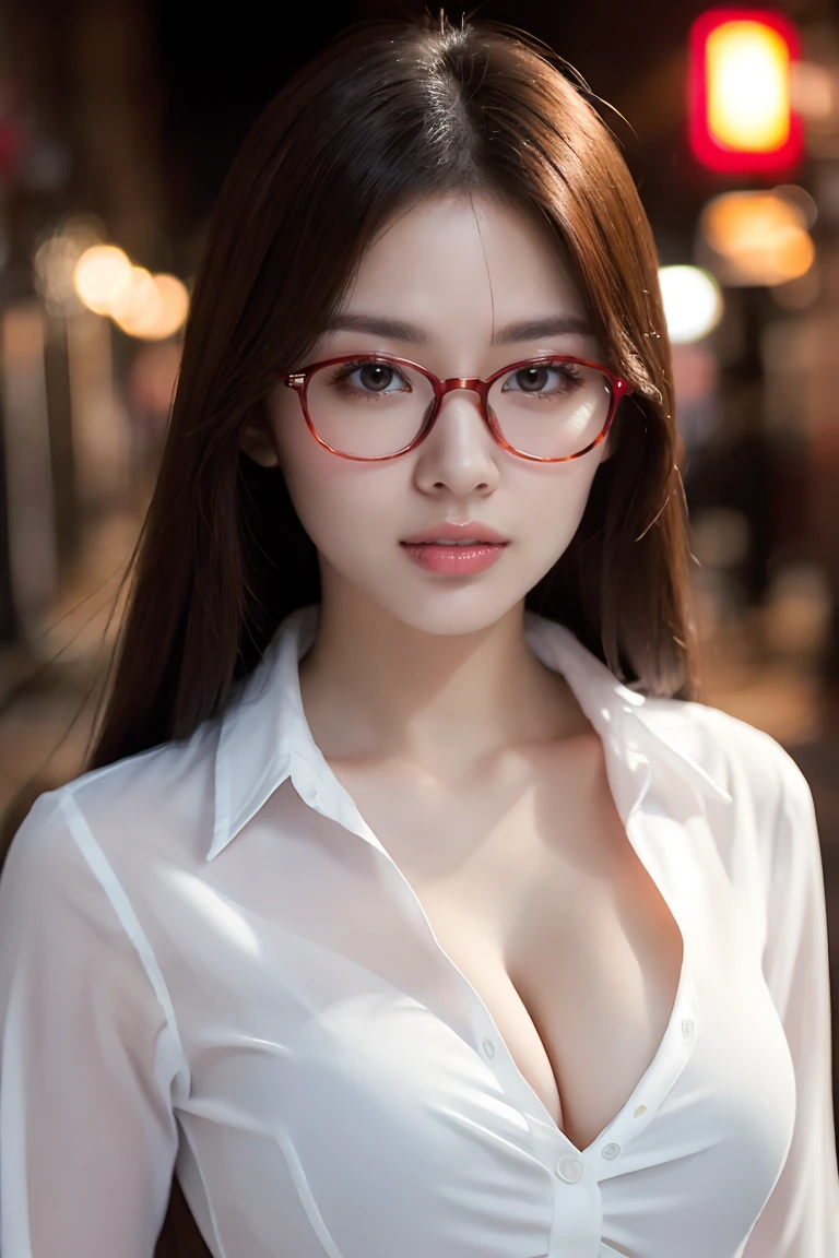 (la plus haute qualité、Table、8k、Meilleure qualité d&#39;image、Des œuvres primées)、Une belle femme、25 ans、parfaite belle composition、(Lunettes chics:1.1)、(clivage:1.1)、Des gros seins qui pourraient éclater、Accentuez les lignes de votre corps、(Chemise en polyester blanche parfaite et précise:1.3)、Regardez-moi、(Look sexy:1.1)、maquillage parfait、attractif、Sexy、Des lèvres brillantes et lumineuses、anatomie précise、(Gros plan du visage:1.3)、Regardez-moi、(L&#39;éclairage de quartier de divertissement le plus sombre:1.1)、(Ambiance maussade et romantique floue fond de rue du quartier rouge:1.2)、maquillage parfait、Visage beauté ultra haute définition、Cheveux Ultra HD、Zone des yeux hydratante ultra haute définition、(Des dents parfaites en ultra haute résolution:1.1)、(Peau brillante ultra haute résolution:1.1)、Lèvre brillante de très haute qualité