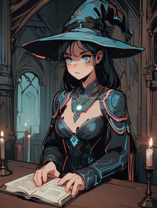 depicts a modern-day witch who has embraced the world of cybernetics to enhance her magical abilities. The artwork should convey the enchanting blend of traditional witchcraft and futuristic technology. Here are some specific elements to include: The Witch's Lair: The setting should be a cozy yet slightly eerie room, filled with magical books, crystal balls, potion ingredients, and antique furnishings. The room should be dimly lit by candles and a soft, mystical glow emanating from her cybernetic enhancements. The Cyborg Witch: The central focus of the artwork is the witch herself. She's a striking figure with a mix of traditional witch attire and cybernetic enhancements. Her clothing should have a witchy, occult aesthetic, with flowing robes, a pointed hat, and an intricate pentagram necklace. Her arms, however, have been upgraded with cybernetic components that incorporate magical symbols and glowing runes. Magical Interface: The witch is in the midst of casting a spell, with a holographic, touch-screen interface floating before her. This interface includes spell incantations, arcane symbols, and digital components, demonstrating her fusion of magic and technology. Spell Ingredients: On a nearby table, there should be a collection of spell ingredients, like herbs, potions, and magical artifacts. Some of these items may have been modified with cybernetic enhancements, blurring the line between the natural and the technological. Familiar: The witch's familiar, perhaps a cat or raven, should be present in the scene, serving as her magical companion. The familiar could also have subtle cybernetic enhancements or glowing eyes. Glowing Runes: The room should be adorned with ancient symbols and glowing runes on the walls and floor, contributing to the magical atmosphere. Aetherial Lighting: Use a combination of mystical, ethereal lighting and cybernetic glows to create a captivating interplay of light and shadow. The contrast between the tradit