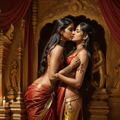 a painting of a woman in a red sari and a man lord shiva, romantic image, intimate moments, kissing each other hugging, indian g...