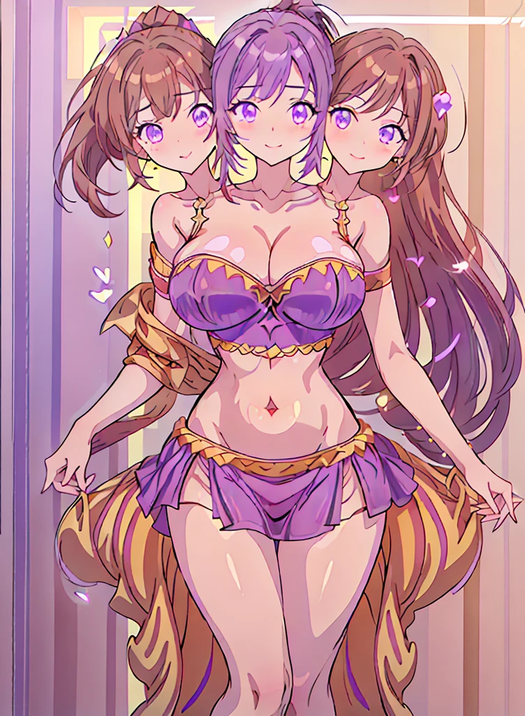 (16K), ((three headed woman)), smiling, highres, masterpiece, ((brown hair)), cleavage, large breasts, ((violet dress:1.5)), lustrous and smooth skin, (mature woman), seductive silhouette, ((crop top)), sexy proportions, Beautiful girl with accentuated slender abs, seductive woman, ((party background)), necklace, violet miniskirt, miniskirt, open belly, exposed midriff, strapless, sleeveless, yellow eyes, beautiful eyes, ((long bushy ponytail)), ((gala)), cowboy shots, very big tits, huge tits, open belly, exposed midriff
