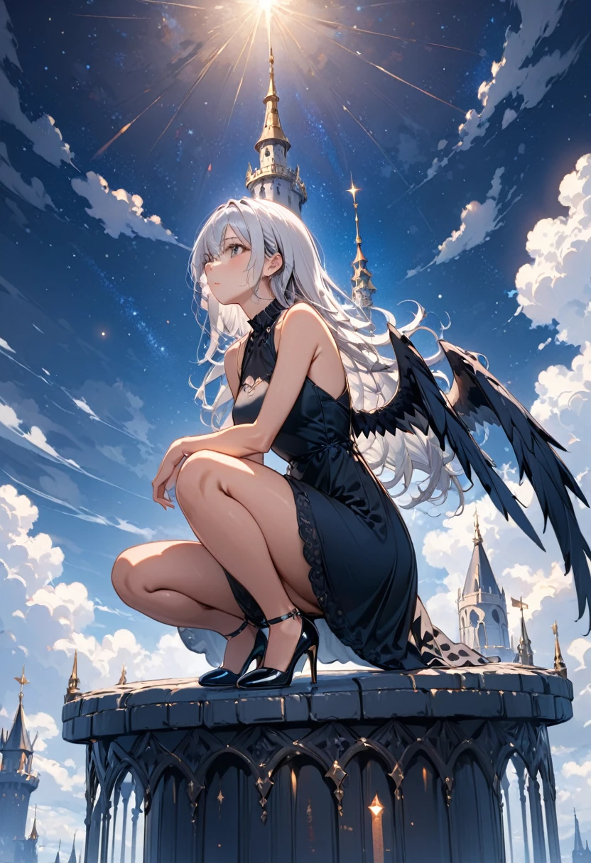 ((Highest quality)), ((masterpiece)), (detailed), One girl,Silver Hair,Long Hair，Dark Skin,Wearing a black sleeveless dress，Wear black high heels，Squatting pose on top of the tower,Starry Sky，cloud，Girl with black wings，Look away