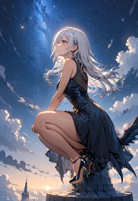 ((highest quality)), ((masterpiece)), (detailed), one girl,silver hair,long hair，dark skin,wearing a black sleeveless dress，wear...