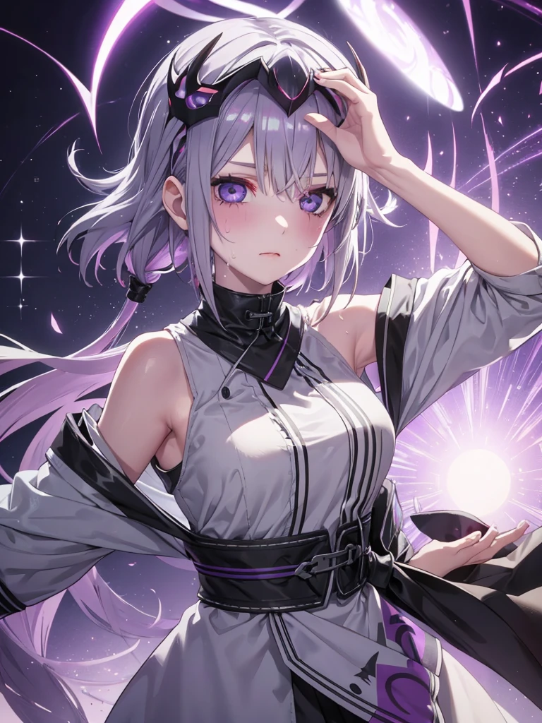 One girl, Gray Hair, Multicolored Hair, Purple eyes, Mask on head, Side light, Particles of light, wallpaper, Arm Up, sweating