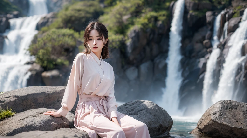 Being hit by a waterfall on a rock、Physiologically correct body、Formal wear、Cute 20 year old girl、Medium Hair,Natural color lip, Blur the background、To endure alone、Monk's attire