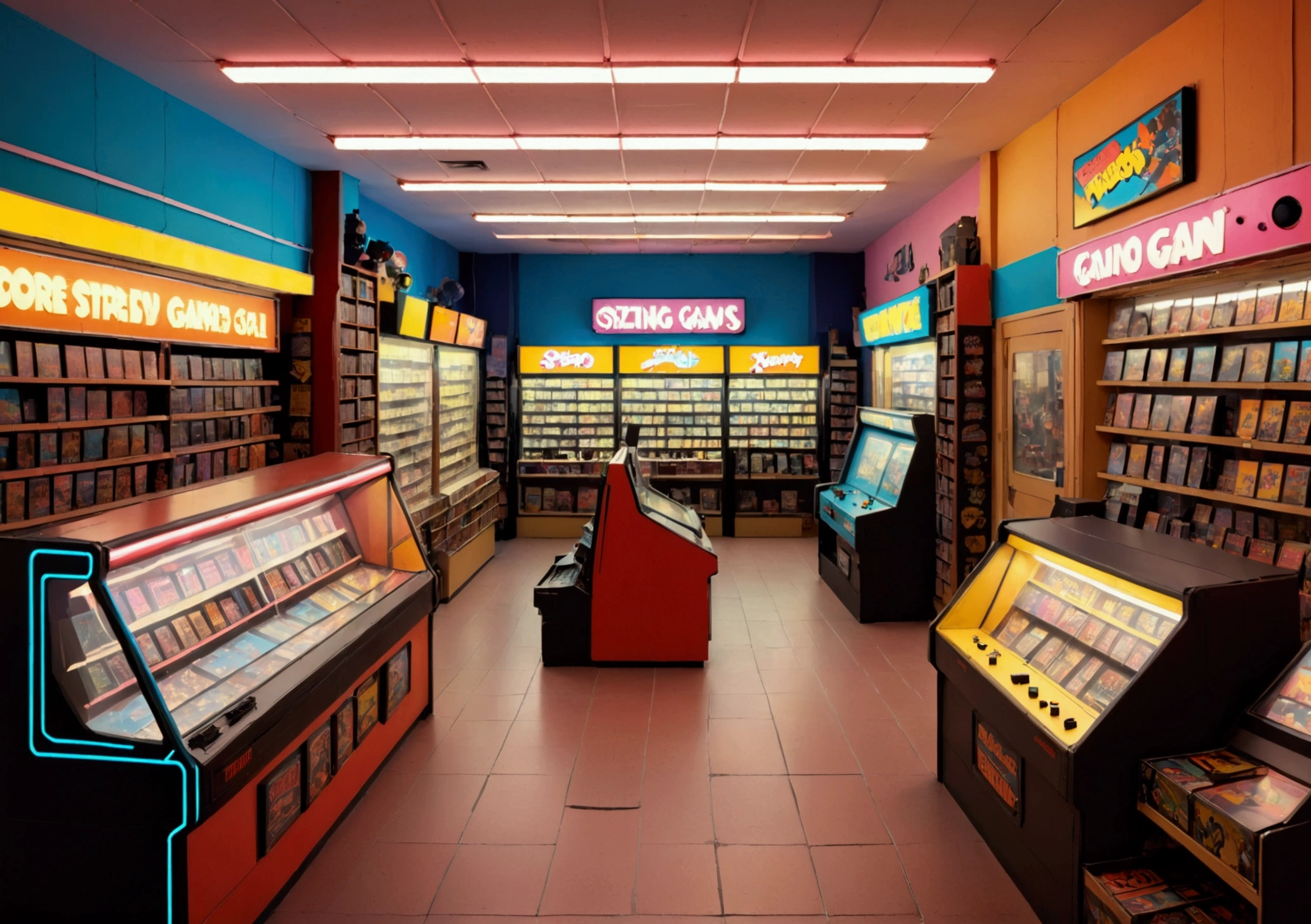 a retro 80s video game store, detailed interior, shelves filled with classic video games, customers browsing, nostalgia, warm lighting, vintage decor, detailed textures, high quality, photorealist
