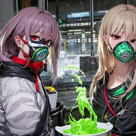 female acidic saliva, toxic gas mask with green acid, smoke, red eyes, long hair,