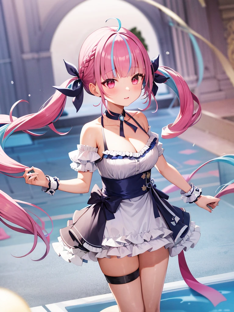 masterpiece、Highest quality、1 girl、Virtual YouTuber、Minato Akua、Multi-colored hair、Twin tails、inner hair color、Two-tone hair、Drill Hair、Twin Drill、Ahoge、Ankle cuffs、Striped Hair、White ribbon、Cowboy Shot,blush,Arms crossed,Cleavage,I had already finished、Medium chest,Micro Bikini,Pool